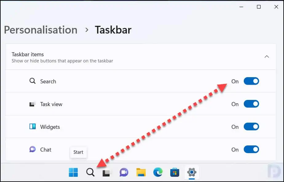 Unhide Search icon from Windows 11 Taskbar
