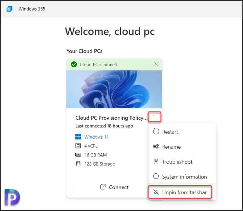 Unpin Cloud PC from Taskbar