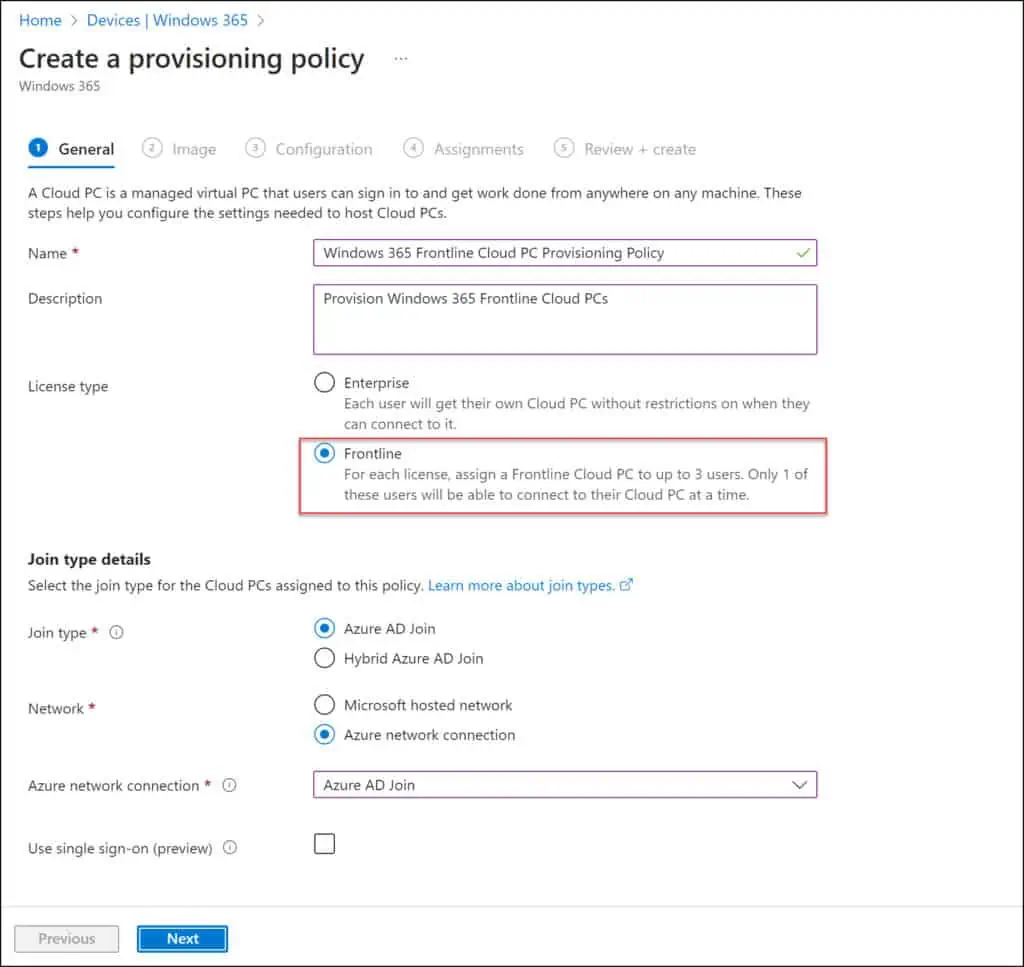 Create Provisioning Policy for Windows 365 Frontline Cloud PCs