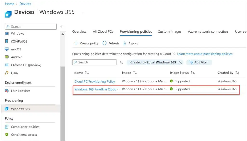 Provision Windows 365 Frontline Cloud PCs