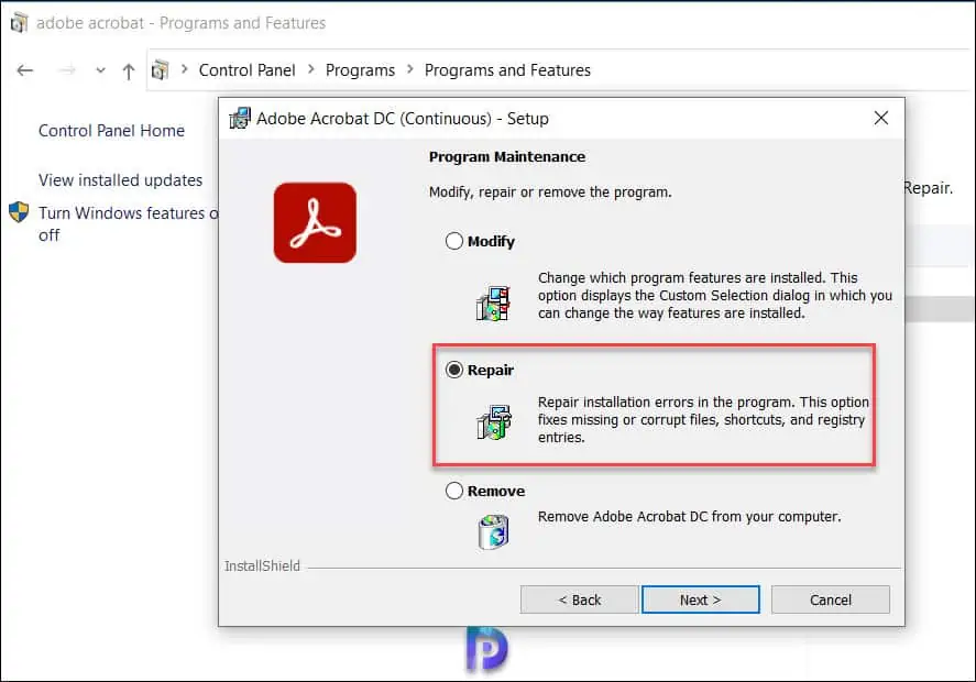 Repair Adobe Acrobat using Control Panel