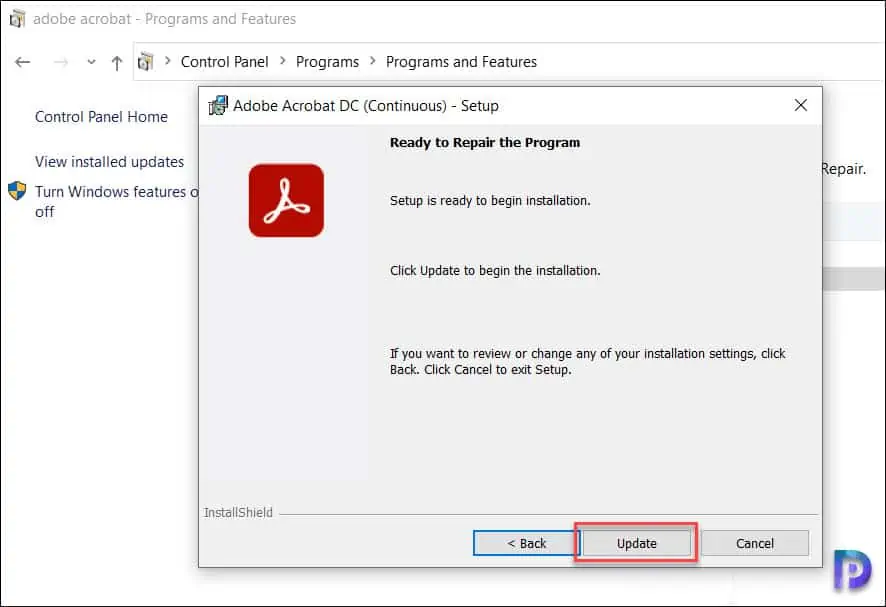 Repair Adobe Acrobat using Control Panel