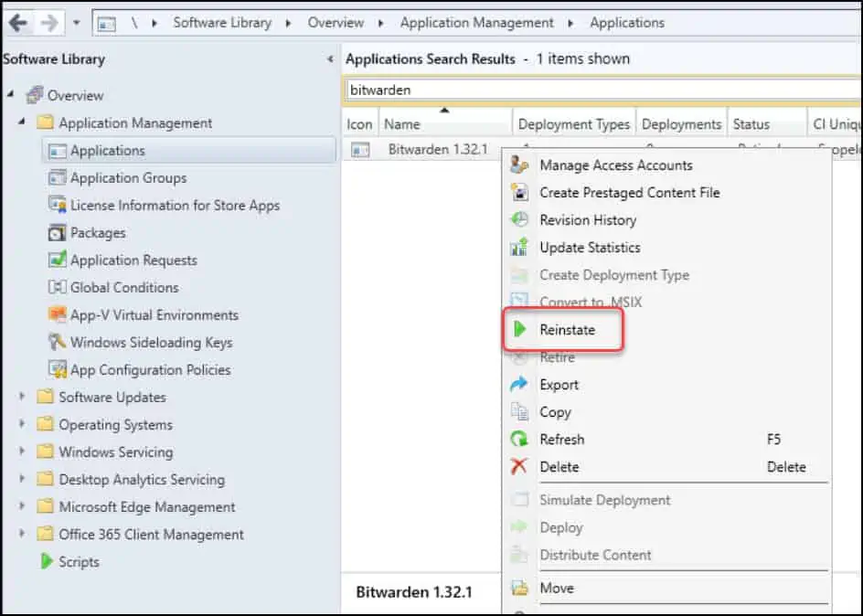 Reinstate the Application in SCCM