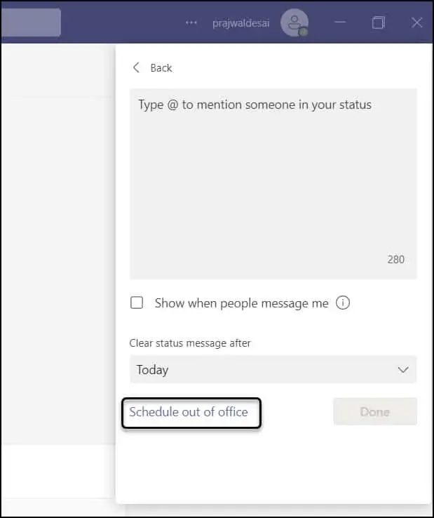 Schedule Out of Office in Microsoft Teams from Profile Picture