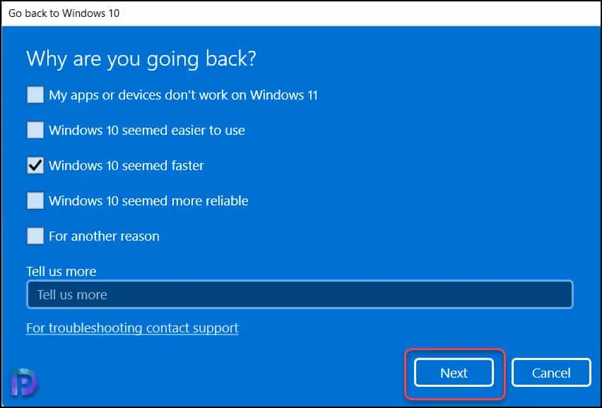Specify Reason for Roll back to Windows 10