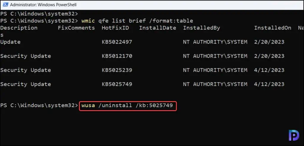 Unable to Uninstall Updates using PowerShell