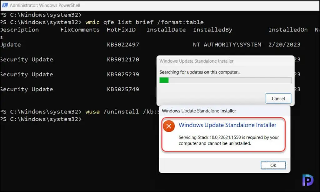 Unable to Uninstall Updates using PowerShell