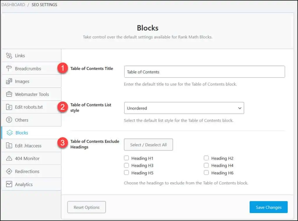 Global Options for Table of Contents Block