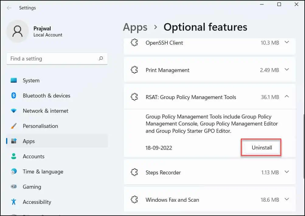 Uninstall GPMC using Optional Features