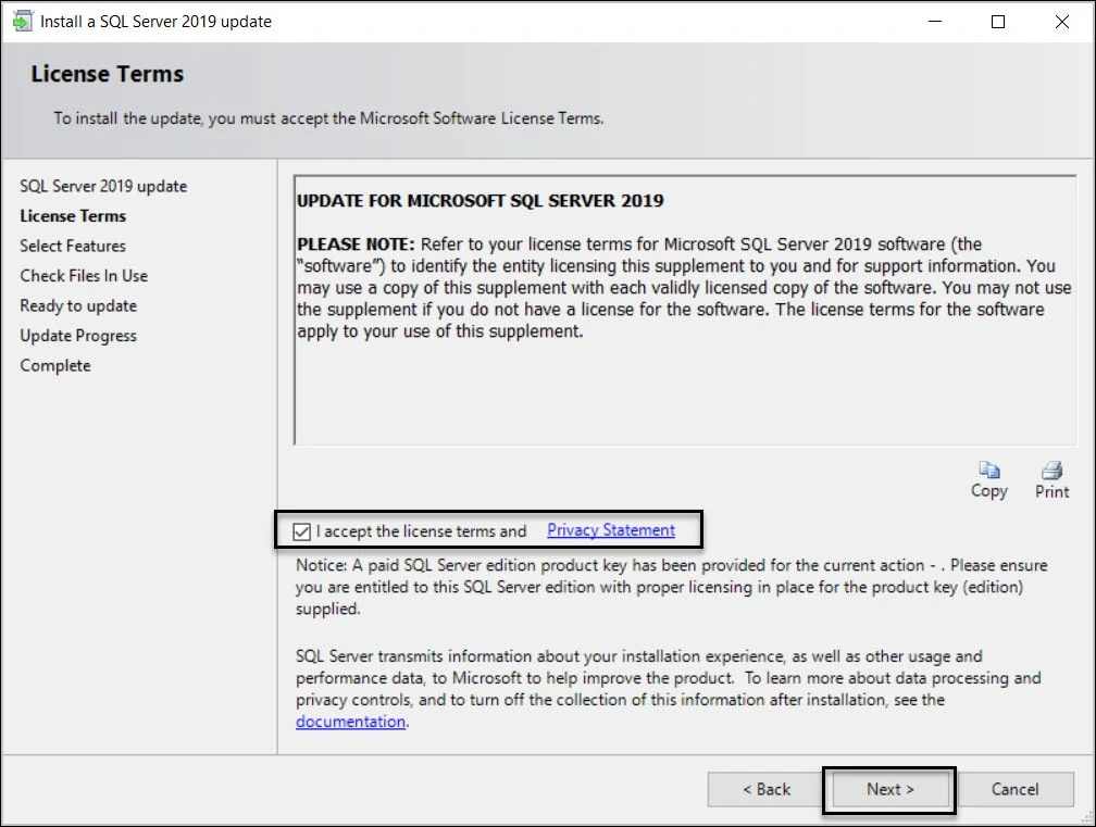 Install SQL Server 2019 Cumulative Update KB5000642