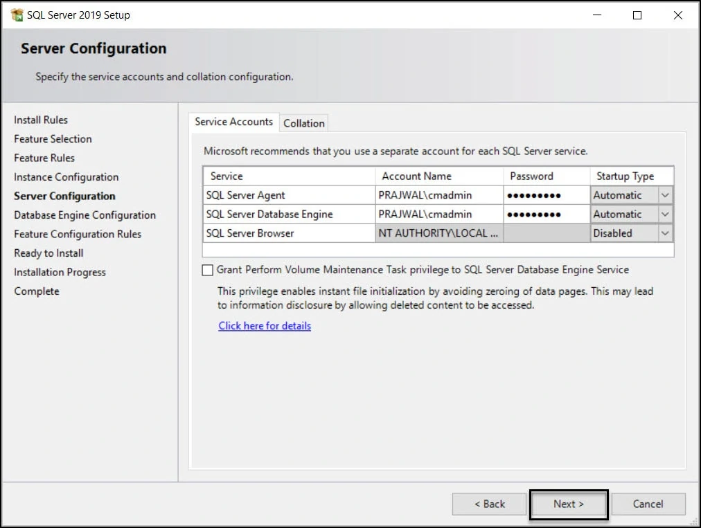 Specify SQL Server Service Accounts