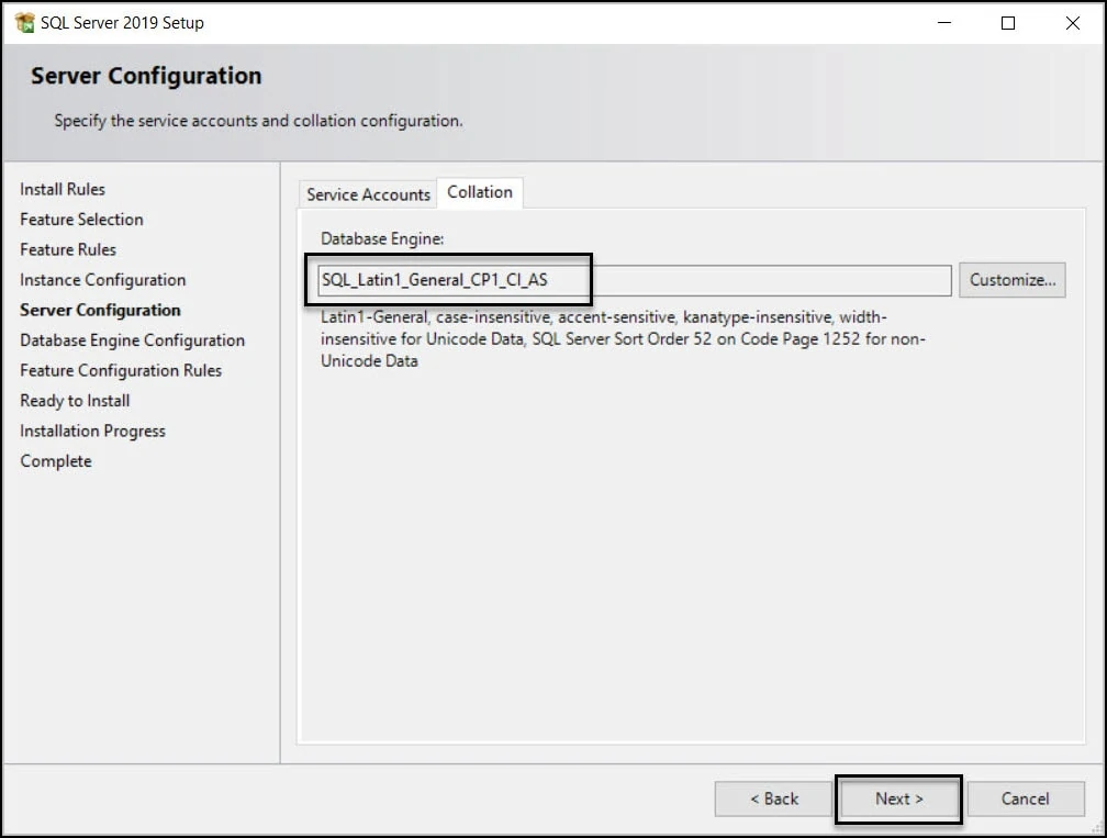 Specify SQL Server Service Collation