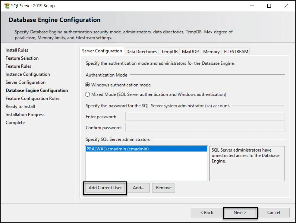 Database Engine Configuration