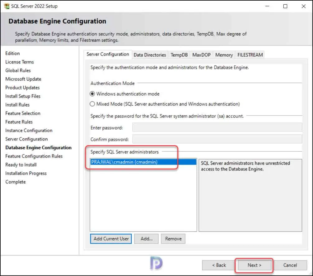 Database Engine Configuration for SQL 2022