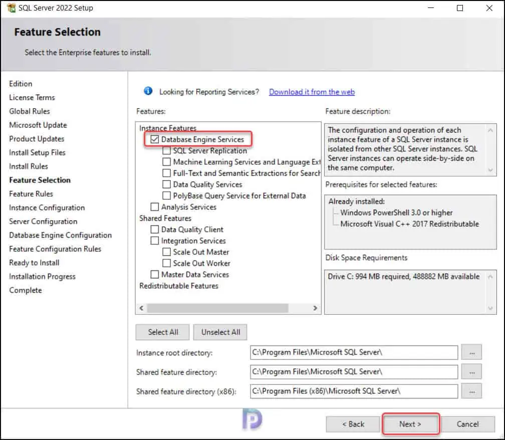 SQL Server 2022 Feature Selection for ConfigMgr