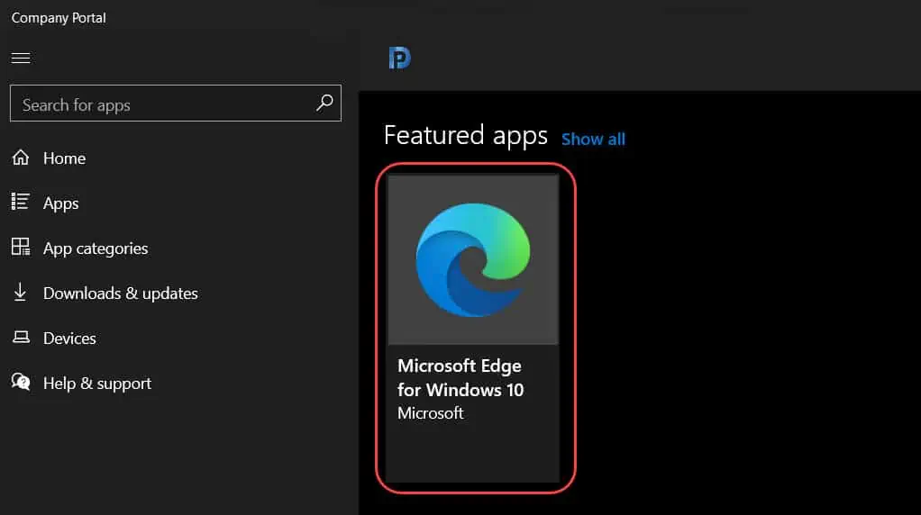 Example of Featured Apps in Intune Company Portal