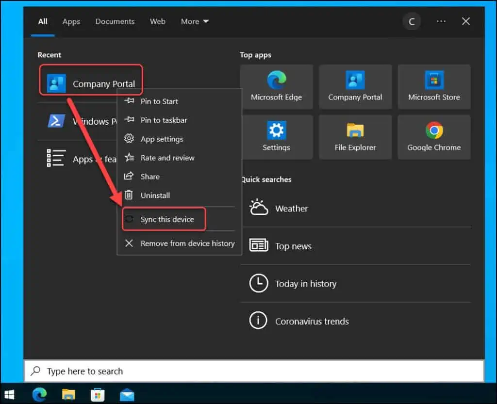 Manually Sync Intune Policies from Device Taskbar or Start menu