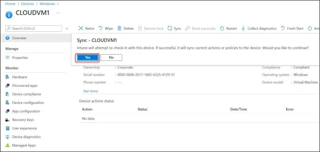Manually Sync a device from Intune Admin Center