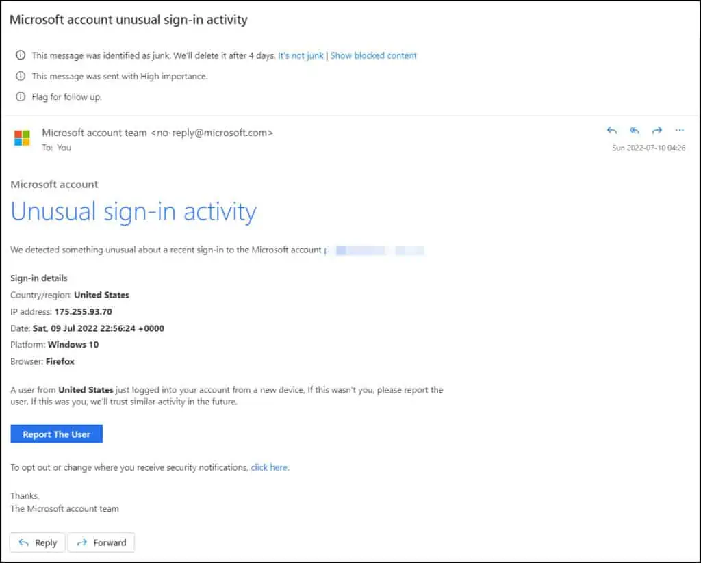 Fake Microsoft Account Unusual Sign-in Activity Emails