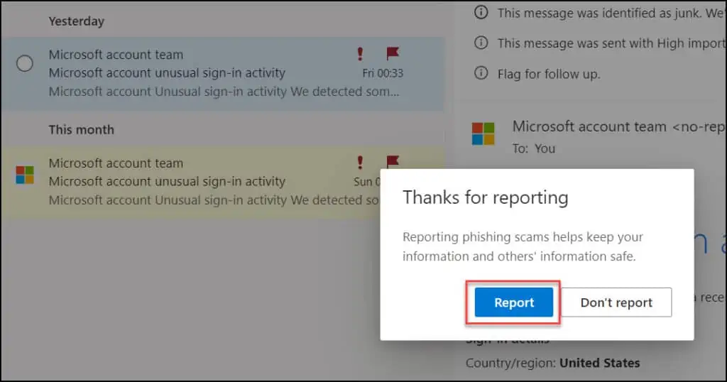 Report Phishing Scam to Microsoft