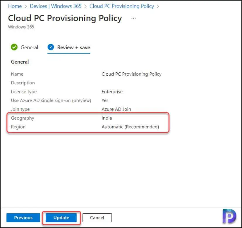 Update the Cloud PC Provisioning Policy