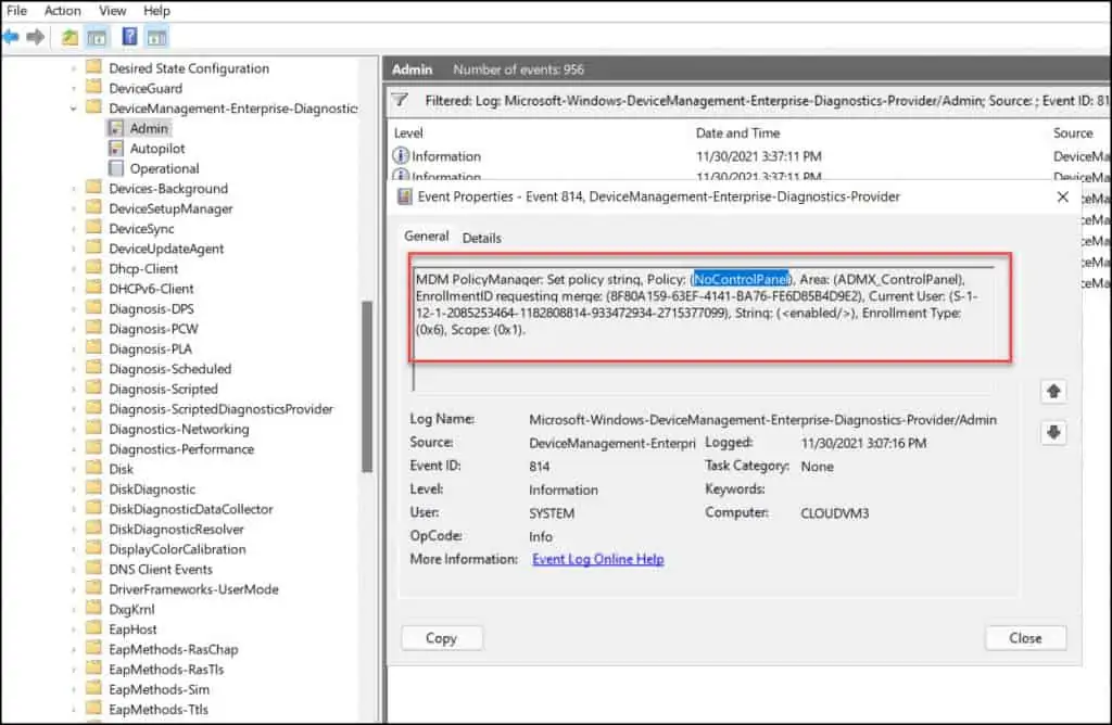 Control Panel Disabled via Intune - Event ID 814