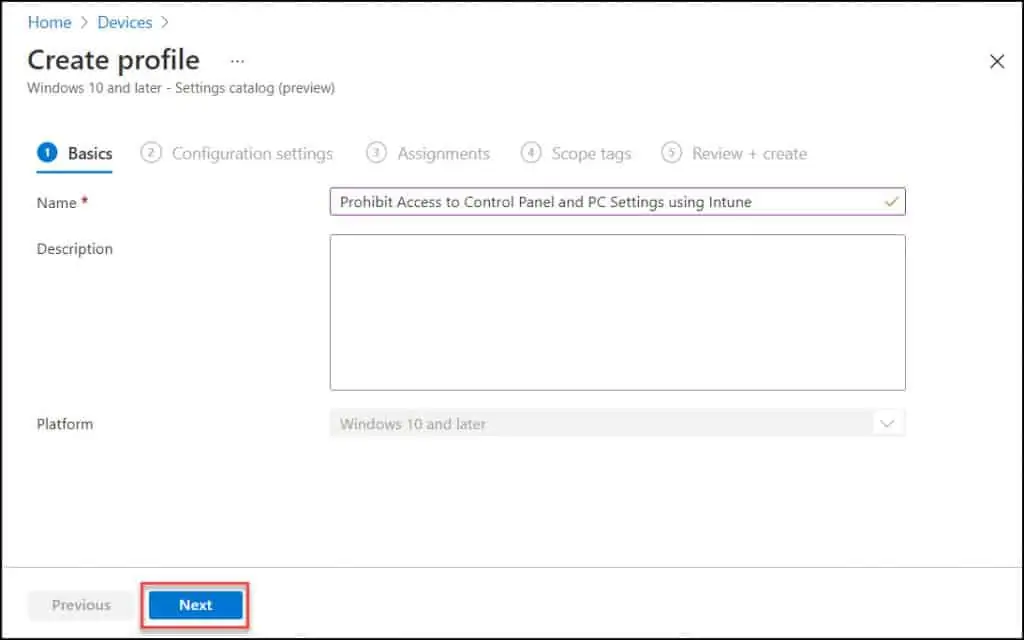 Create Intune Profile to disable Control Panel and PC Settings