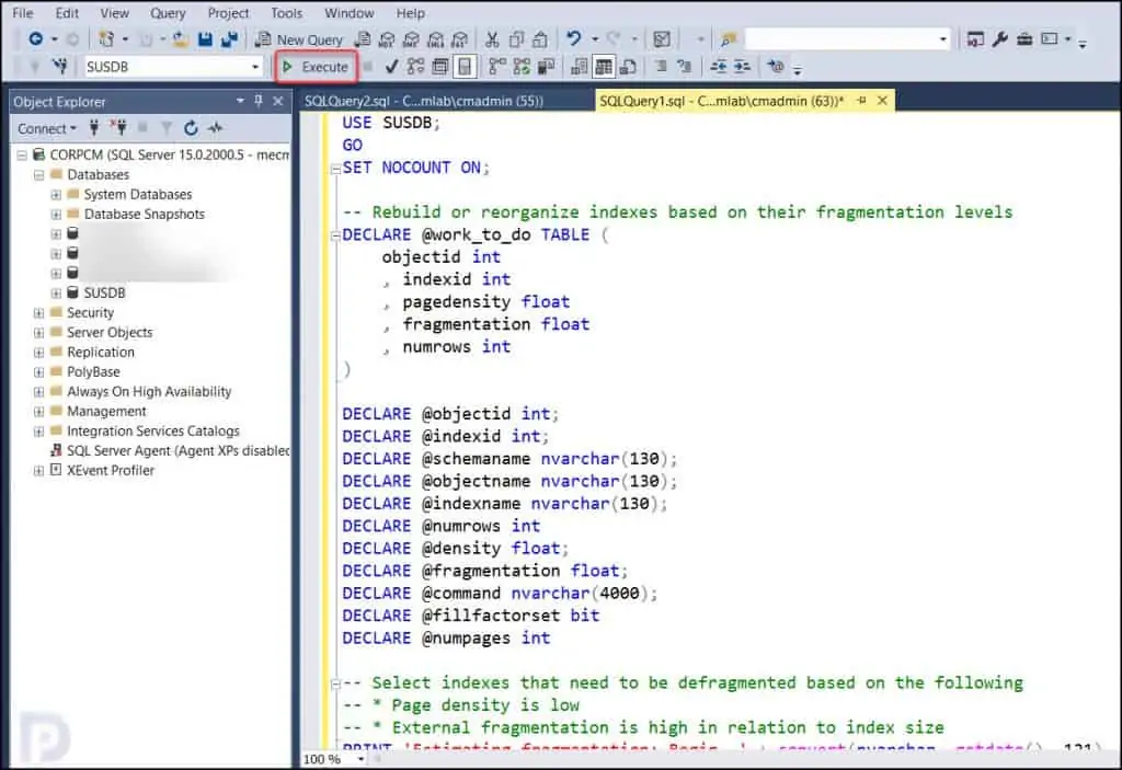 Reindex WSUS Database using T-SQL Script