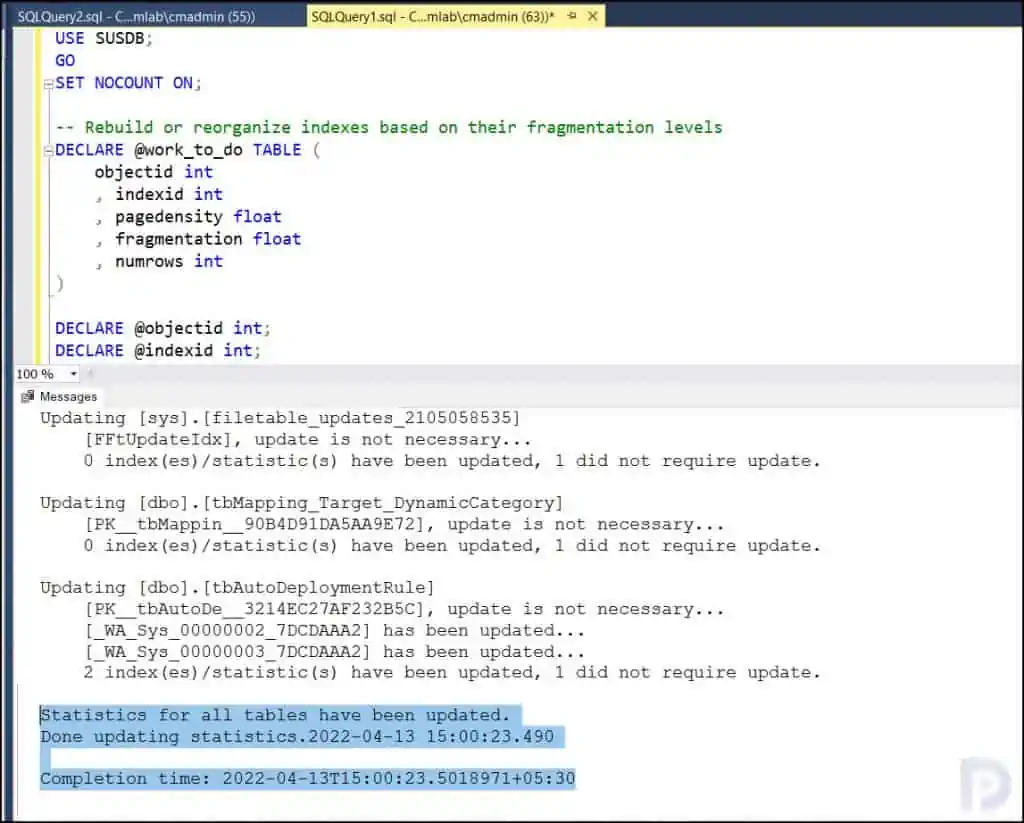 Reindex WSUS Database using T-SQL Script