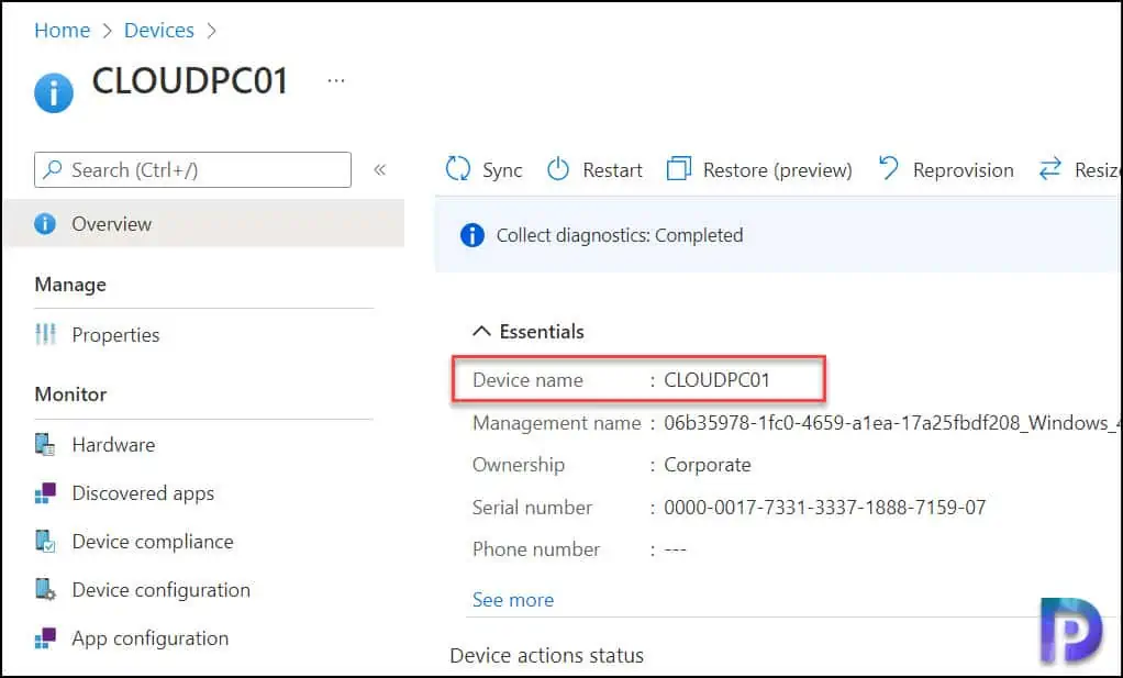 Verify the Cloud PC Device Name in Intune Portal