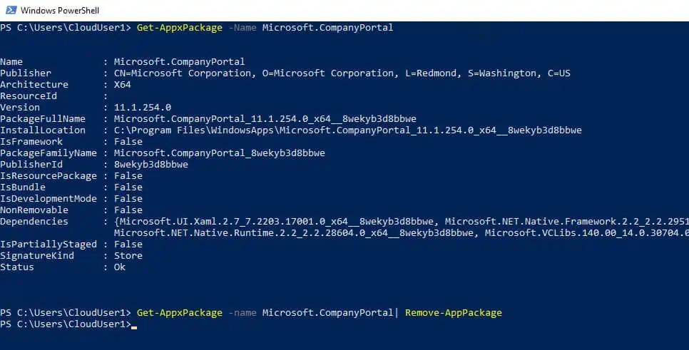 Uninstall the Intune Company Portal App using PowerShell