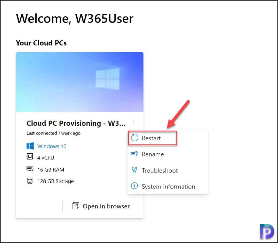 Restart a Cloud PC from Windows 365 Web Interface