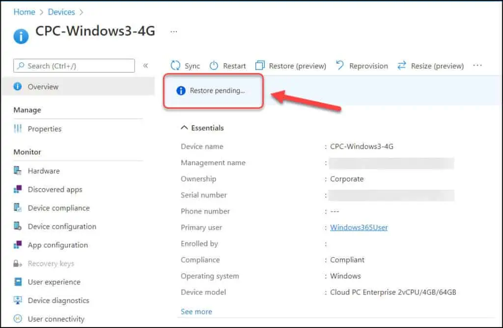 Monitor the Cloud PC Restore Process