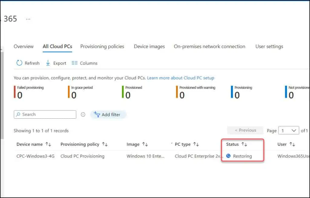 Monitor the Cloud PC Restore Process