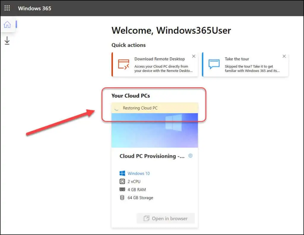 Cloud PC Restore In Progress