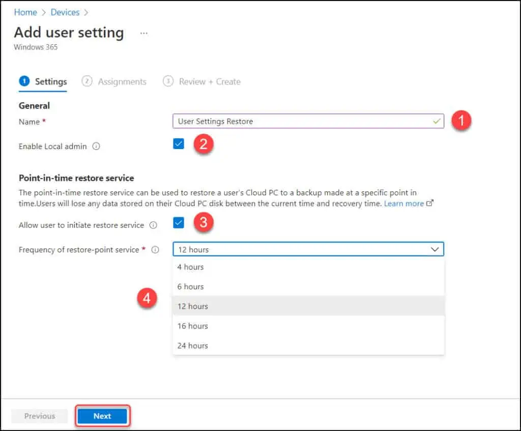 Configure point-in-time Restore Settings