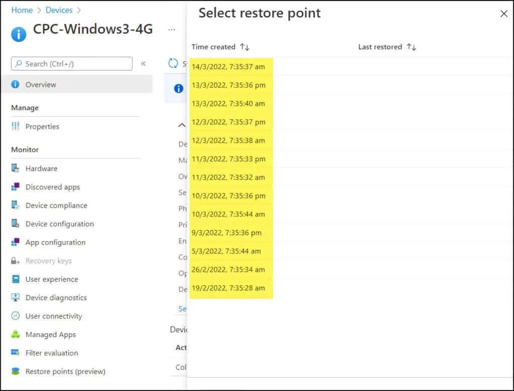 Restore Points along with Date and Time