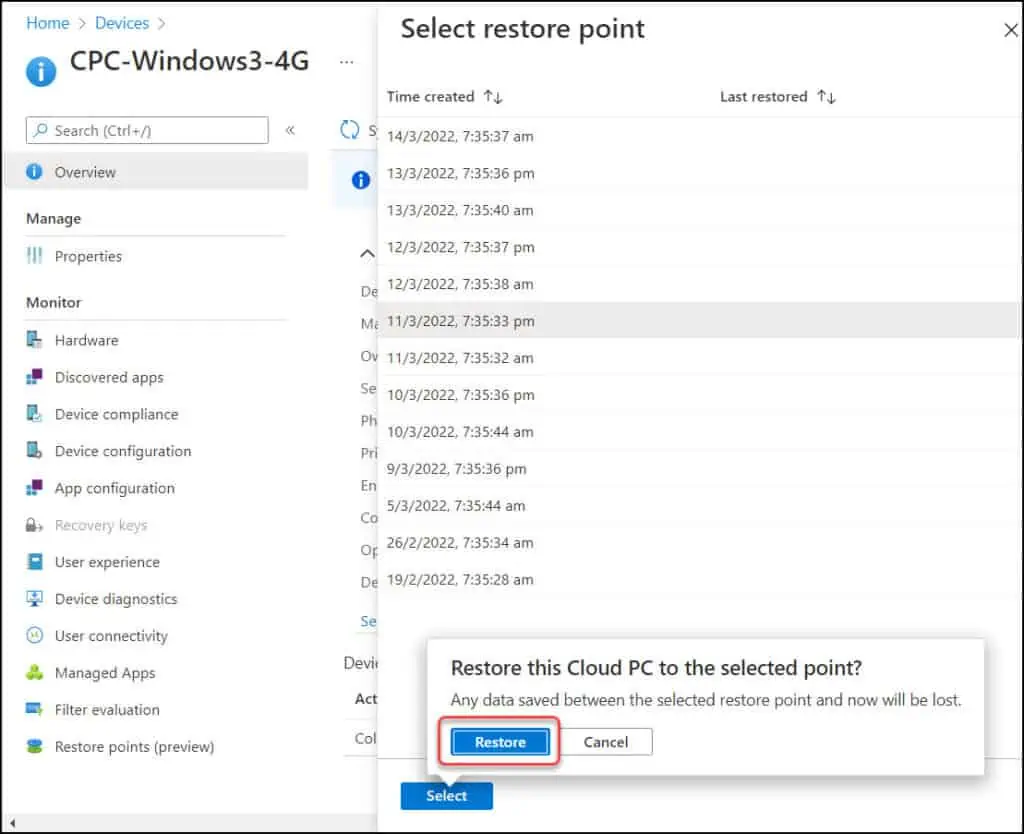 Restore Windows 365 Cloud PC Point-in-time Restore