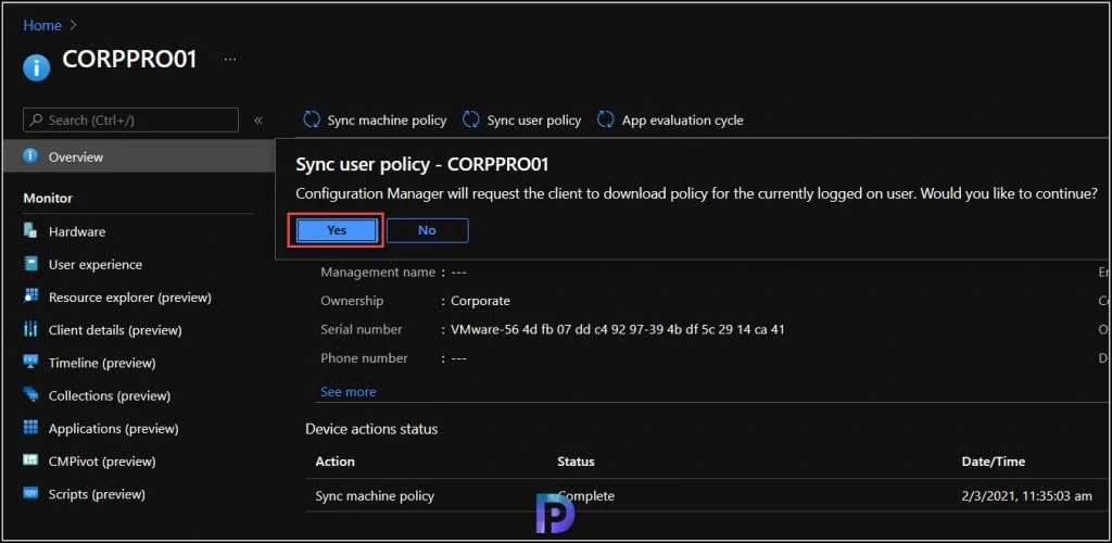 Run Sync User Policy from MEM Admin Center