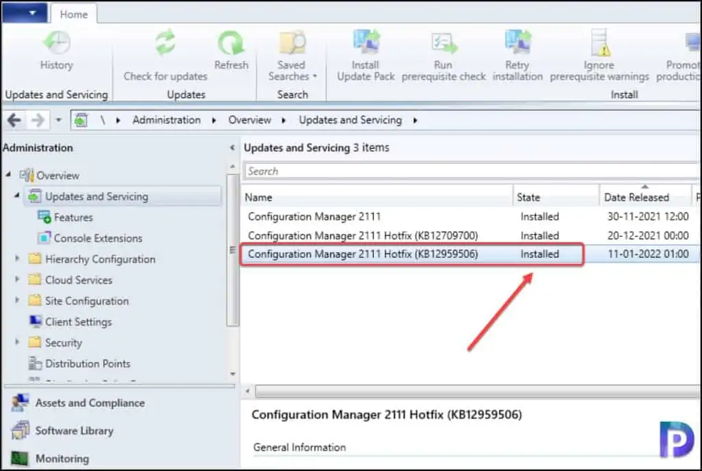 ConfigMgr 2111 Hotfix KB12959506 Installed