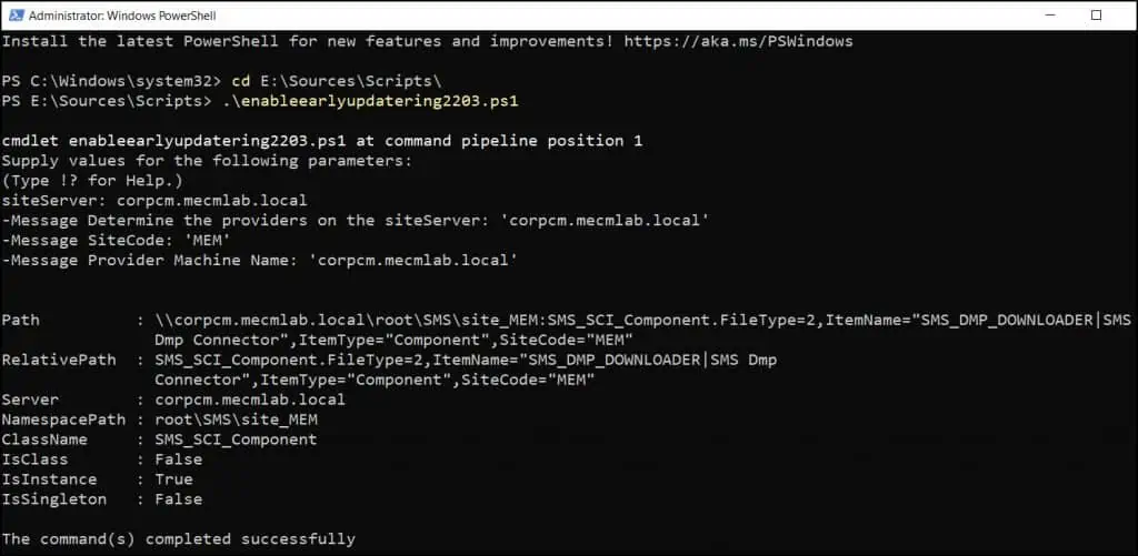 Run SCCM 2203 EnableEarlyUpdateRing PowerShell script