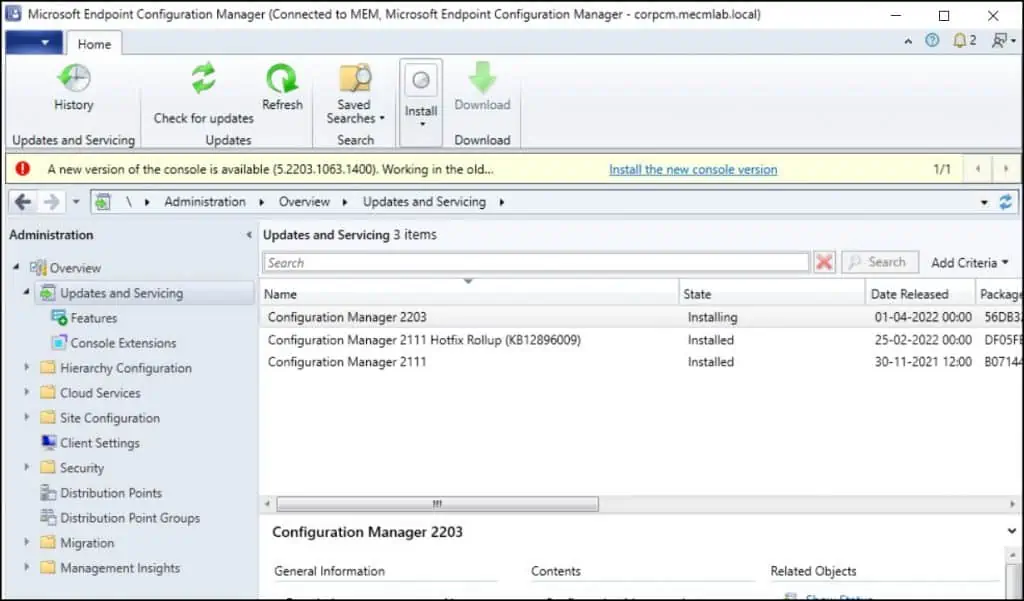 SCCM 2203 Console Upgrade