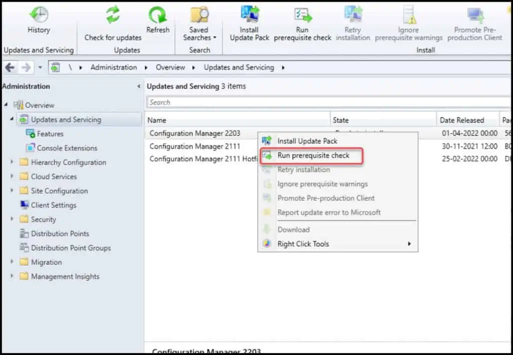 SCCM 2203 Upgrade - Run Prerequisite Check