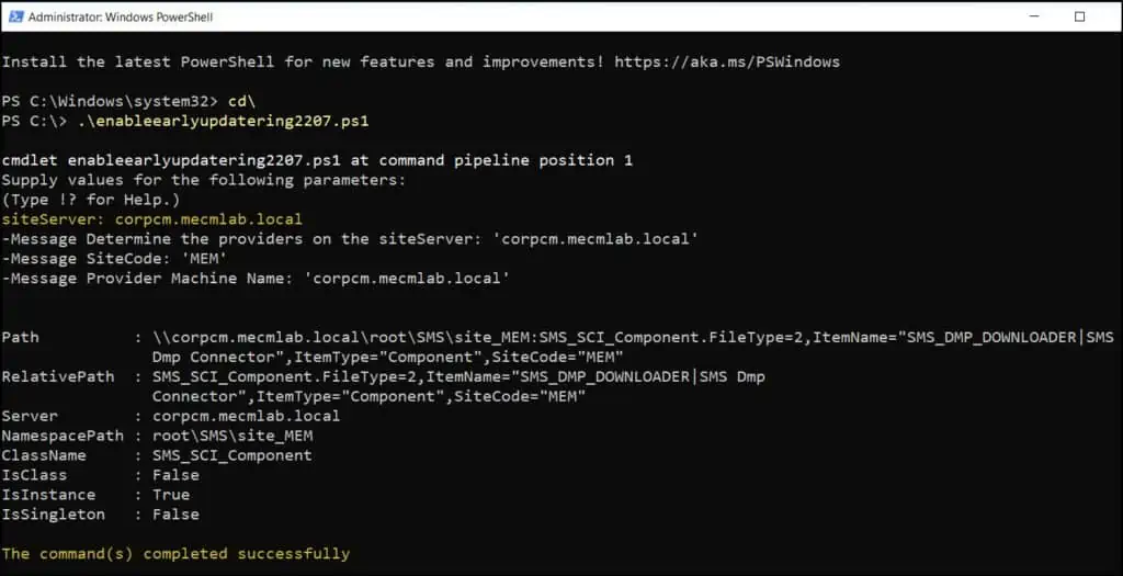 Run EnableEarlyUpdateRing PowerShell script for ConfigMgr 2207