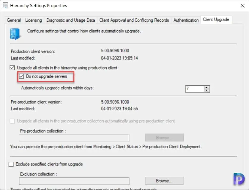 Exclude Server Upgrade | SCCM Client Upgrade Options