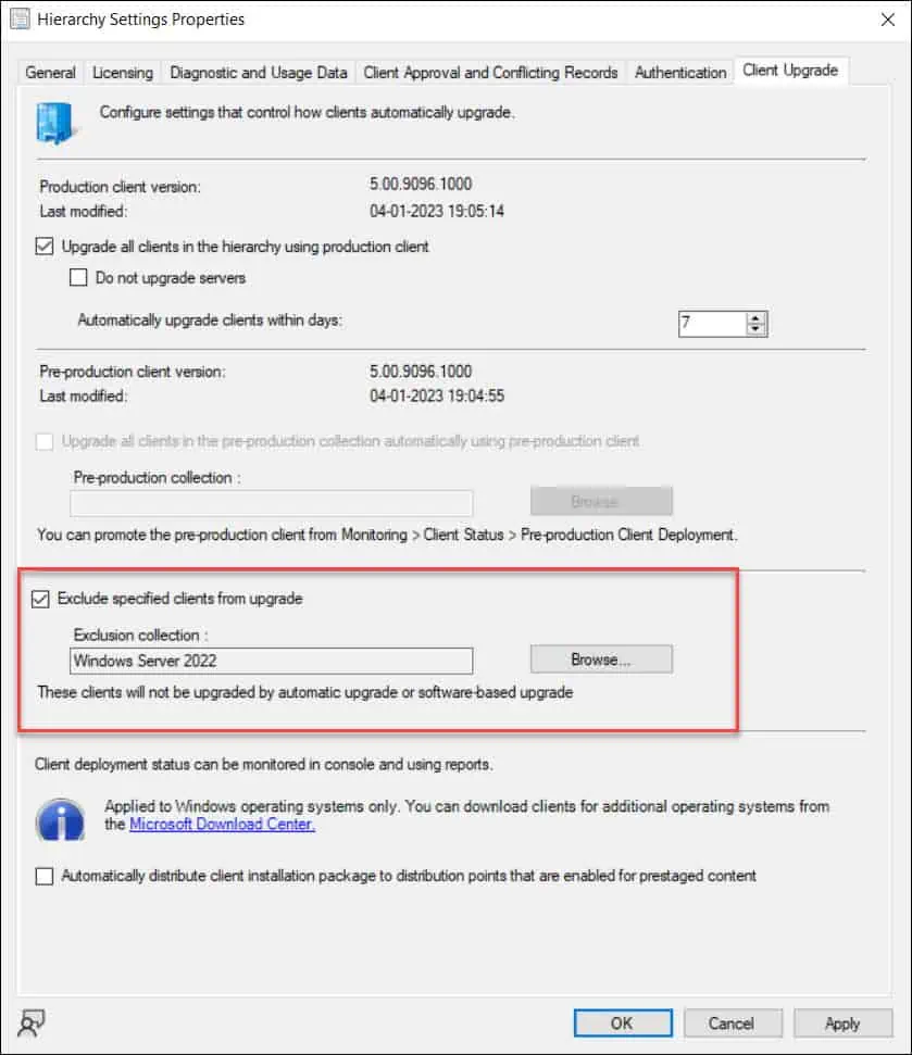 Exclude clients from upgrade in ConfigMgr