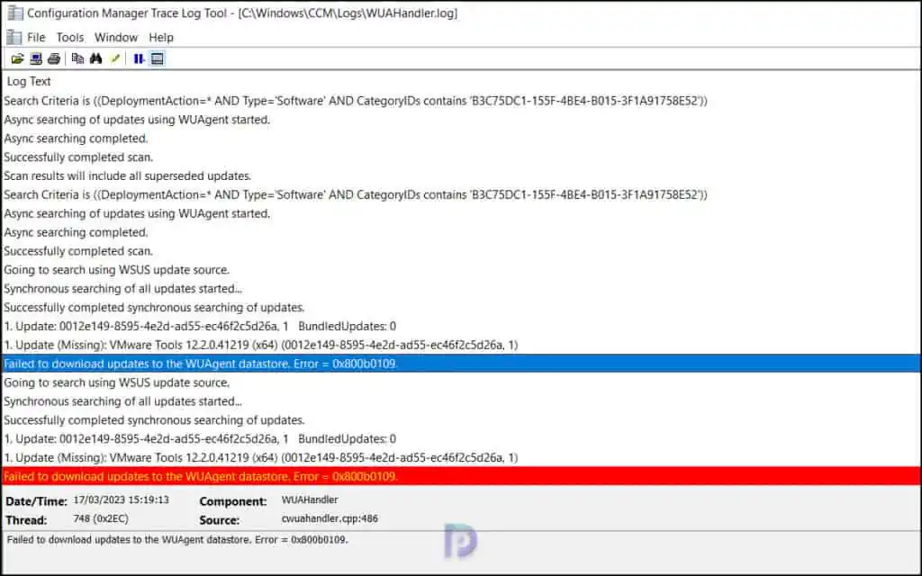 Failed to download updates to the WUAgent datastore. Error = 0x800b0109