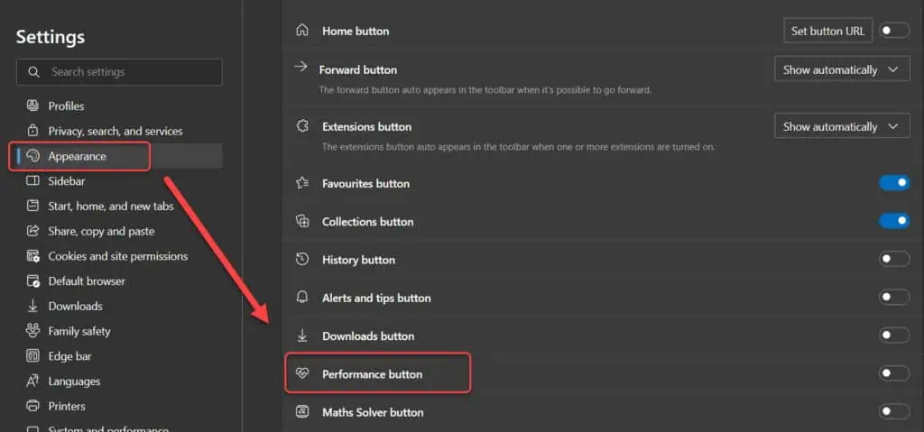 Show Performance button on Toolbar in Microsoft Edge