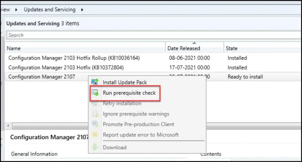 Run SCCM 2107 Update Prerequisite Check