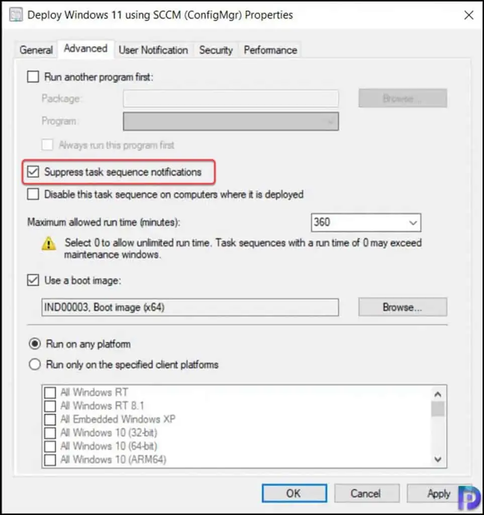 Suppress SCCM Task Sequence Notifications